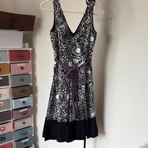 Nine West Black and White Floral Midi Dress with Purple Belt